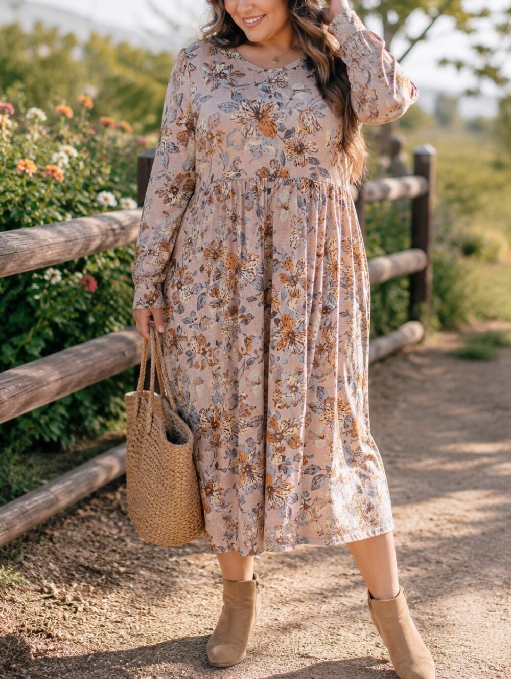 NWT Emery Rose Beige Floral Tiered Maxi Dress | Cottagecore Boho Long Sleeve